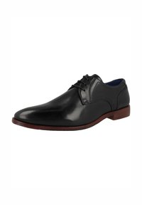 Scarpa da uomo in pelle nera con finitura liscia, punta rotonda, cuciture sottili e suola marrone. Presenta una tradizionale allacciatura.