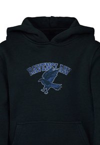 Sudadera negra con un diseño gráfico azul de un cuervo, con la palabra "RAVENCLAW" en azul arriba. El material parece suave y texturizado.