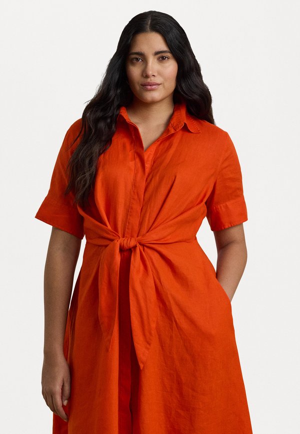 TIE FRONT LINEN SHIRTDRESS - Shirt dress - orange