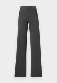 Σκούρο γκρι ψηλόμεσο παντελόνι με φαρδιά μπάρα και πλάγιες τσέπες με φερμουάρ, καθώς και εμπρόσθιο κλείσιμο με φερμουάρ σε λευκό φόντο.