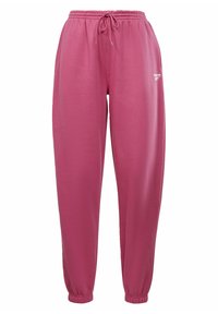 Różowe spodnie dresowe wykonane z miękkiego materiału, z elastycznym pasem ze sznurkiem, zwężającymi się mankietami oraz małym akcentem w postaci logo.