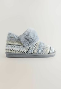 Mėlynos, pilkos ir grietinėlės spalvų megzti šlepetės su dirbtinio kailio apykakle. Yra pilkos gumos padas su 'NEXT' ženklimu. Textūruotas dizainas.