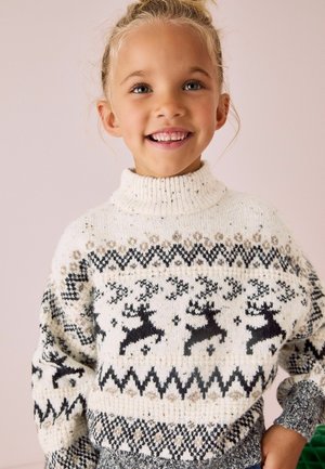 Maglione lavorato a maglia con una base crema, decorato con motivi di renne neri e marroni, colletto alto a costine e dettagli testurizzati nel design.