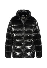 Schwarze Steppjacke aus glänzendem, wattiertem Material. Verfügt über einen hohen Kragen und einen Frontreißverschluss. Mit zwei seitlichen Taschen ausgestattet.