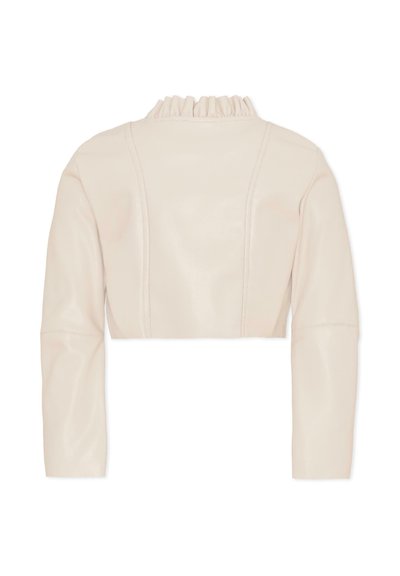 Veste courte couleur crème avec manches longues et détail de col à volants froncés, vue de dos sur fond blanc.