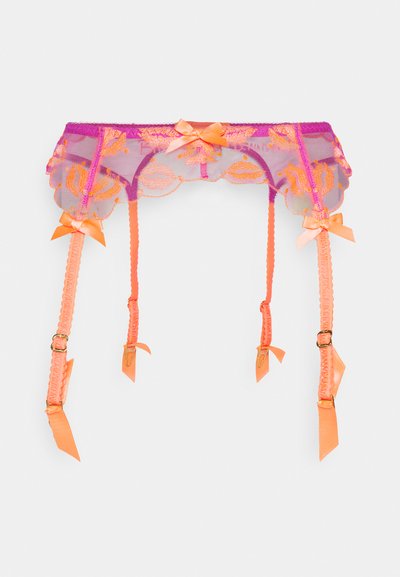 Violetti läpinäkyvä pitsinauha, jossa on oranssia kirjontaa, hampaat reunoissa ja nauhat. Varustettu neljällä säädettävällä hihnalla, joissa on metalliset klipsit.