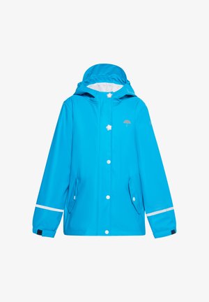 Niebieska wodoodporna kurtka z kapturem, białą podszewką, z zatrzaskami, dwoma bocznymi kieszeniami oraz odblaskowymi paskami na rękawach.