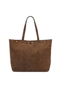 Bruine suède tote bag met dubbele schouderbanden en zes zilveren klinknagels langs de bovenrand, eenvoudig ontwerp, rechtopstaand.