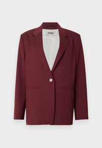 Donkerrode blazer met een notched revers, enkele knoopsluiting en twee voorzakken. Gladde textuur, getailleerde pasvorm, minimalistisch ontwerp.