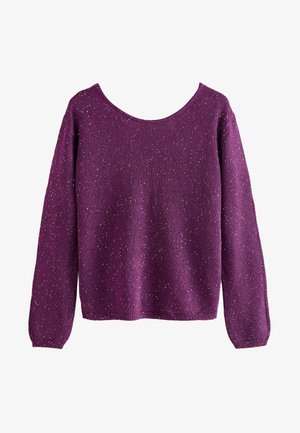 Fioletowy sweter dziany z długimi rękawami i białymi, równomiernie rozmieszczonymi plamkami na tkaninie, z szerokim, zaokrąglonym dekoltem.