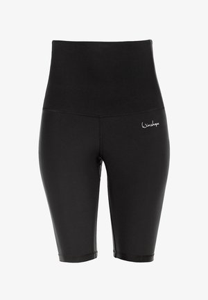 Czarne szorty o wysokim stanem, wykonane z elastycznego materiału o gładkiej fakturze. Posiadają białe logo umieszczone na dolnej stronie. Brak widocznych szwów.