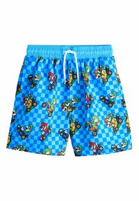 Bañador de tela ligera, con un patrón de cuadros azules y coloridos personajes de dibujos animados en vehículos. Cintura elástica con cordón ajustable.