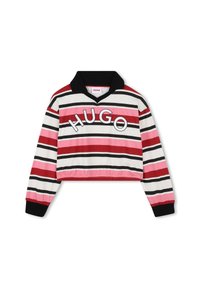 Sweat-shirt rayé raccourci en rouge, rose, noir et blanc avec un col noir et l'inscription 'HUGO' sur le devant. Texture de tissu douce.