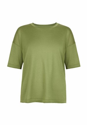 Locker sitzendes T-Shirt mit kurzen Ärmeln und Rundhalsausschnitt in hellem Olivgrün, mit angesetzten Schulternähten, auf weißem Hintergrund präsentiert.