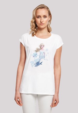 White cotton t-shirt featuring a graphic of a character with long, blonde hair in a blue dress, surrounded by snowflakes and a light blue background.