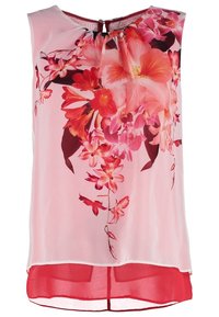 Blouse sans manches en tissu rose avec un motif floral dans des tons rouges et roses. Comprend un dos en forme de clé et un ourlet en couches.
