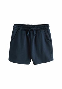 Marineblaue Baumwollshorts mit elastischem Bund, Kordelzug und zwei Seitentaschen. Sie zeichnen sich durch eine glatte, weiche Textur und ein lässiges Design aus.
