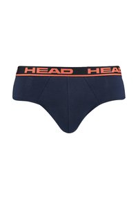 Marineblaue Baumwollslips mit einem hohen Beinausschnitt, ausgestattet mit einem schwarzen Bund mit orangefarbigem "HEAD"-Logo. Glatte Textur und enganliegendes Design.