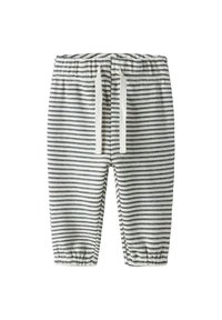 Pantalon en coton doux pour bébé avec rayures horizontales blanches et bleu marine, taille élastique, et cordons blancs à nouer à l'avant.