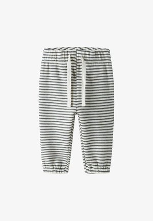 Pantalon en coton doux pour bébé avec rayures horizontales blanches et bleu marine, taille élastique, et cordons blancs à nouer à l'avant.