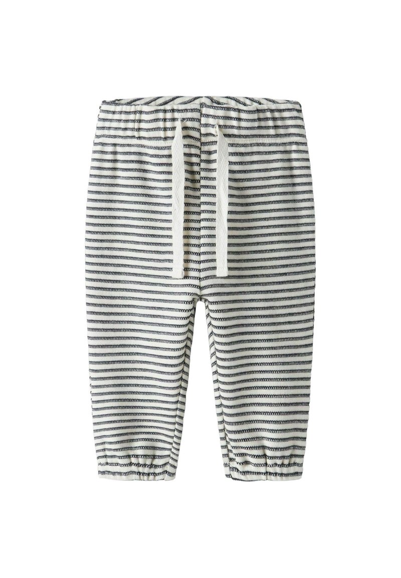 Pantalon en coton doux pour bébé avec rayures horizontales blanches et bleu marine, taille élastique, et cordons blancs à nouer à l'avant.