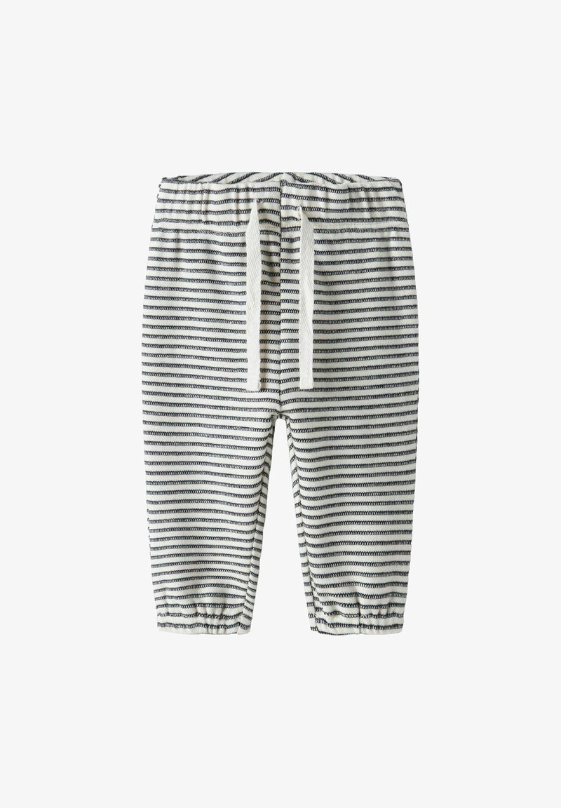 Pantalon en coton doux pour bébé avec rayures horizontales blanches et bleu marine, taille élastique, et cordons blancs à nouer à l'avant.