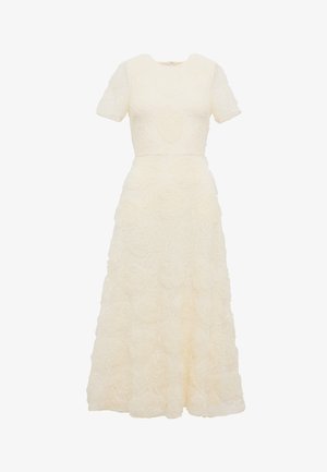 Ελέφαντας μίντι φόρεμα με κοντά μανίκια και υφή με λουλουδάτο δαντελένιο μοτίβο σε όλο το ύφασμα, εφαρμοστό στη μέση και με φουσκωτή φούστα.