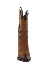 Bota vaquera de ante marrón y cuero marrón oscuro con punta puntiaguda y costuras decorativas, vista desde el frente.
