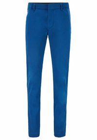 Blå, slim-fit byxor gjorda av ett slätt tyg med flat front, dragkedja och bälteshällor. Inga fickor synliga i framifrån.