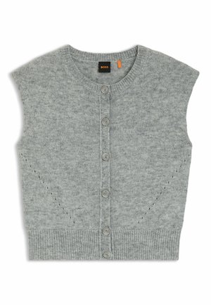 Ljust grå stickad väst med korta ärmar, rundad halsringning, sex knappar framtill och texturerade stickdetaljer.