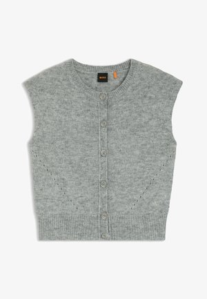 Light gray knitted vest with short sleeves, featuring a round neckline, six buttons down the front, and textured stitch detailing.
