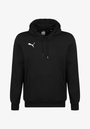 Sudadera negra de tejido suave, con un bolsillo canguro, capucha con cordón y un logo blanco de Puma en el pecho.