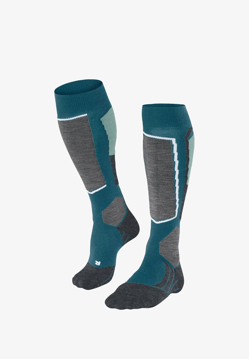 Kniestrümpfe in Türkis und Grau mit geometrischen Mustern, gerippter Textur, gepolstertem Fußbett sowie verstärkten Fersen- und Zehenbereichen.