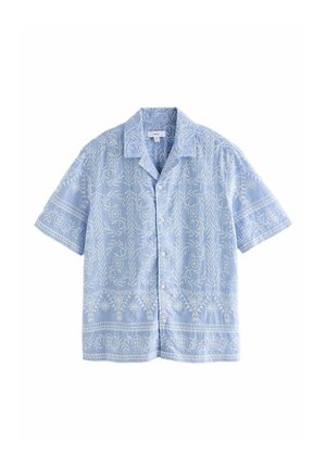 Helehelesinine lühikeste varrukatega särk, millel on valged lille- ja geomeetrilised tikandid ning klassikaline krae.