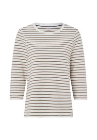 Gestreepte longsleeve top in wit en bruin, met een ronde hals, zachte katoen en een relaxte pasvorm. Horizontale strepen over het geheel.