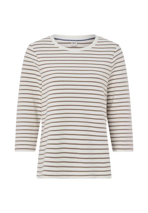 Striped long-sleeve top in white and brown, featuring a crew neckline, soft cotton material, and a relaxed fit. Horizontal stripes throughout.