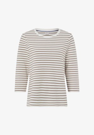 Stribet langærmet top i hvid og brun, med en rund halsudskæring, blødt bomuldsstof og en afslappet pasform. Vandrette striber overalt.