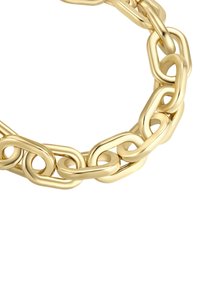 Bracciale in oro con maglie allungate e interconnesse, dalla superficie liscia e lucida e dai bordi arrotondati.