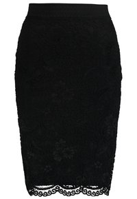 Jupe crayon en dentelle noire avec motif floral, surface texturée et ourlet en forme de vagues. Taille élastique pour le confort. Coupe cintrée.