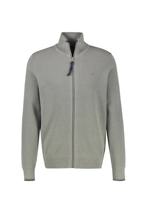 Lysegrå trøje med lynlås og høj krave, tekstureret stof, ribstrikkede manchetter og en mørkeblå lynlåstrækker. Har et diskret logo på brystet.