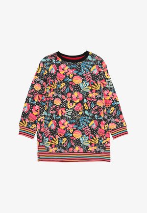 Langærmet sort sweatshirt med farverige abstrakte blomster- og bladmønstre, med stribede manchetter og kant i pink, orange og sort.