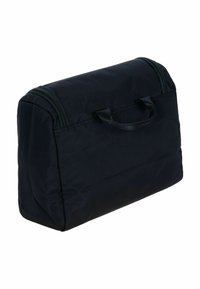 Borsa da toeletta in tessuto nero con forma rettangolare, chiusura a zip superiore e doppi manici corti per un facile trasporto.