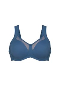 Blue bra with a smooth fabric, mesh panels, wide straps, and a central hook detail. Features a structured shape for support.