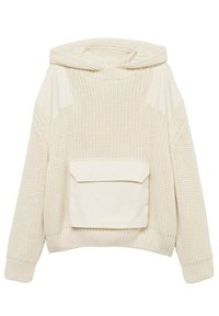 Kremowa, dziergana bluza z kapturem z przednią kieszenią i ściągaczami na rękawach, o fakturowanym wzorze i luźnym kroju.