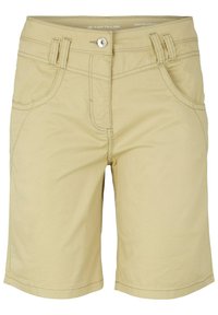 Shorts en coton beige avec deux poches avant, passants de ceinture et coutures contrastées. Le matériau est lisse avec un éclat subtil.