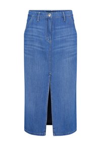 Jupe midi en denim bleu clair. Présente une fente avant et un design classique à cinq poches. Fabriquée en tissu denim robuste et texturé.