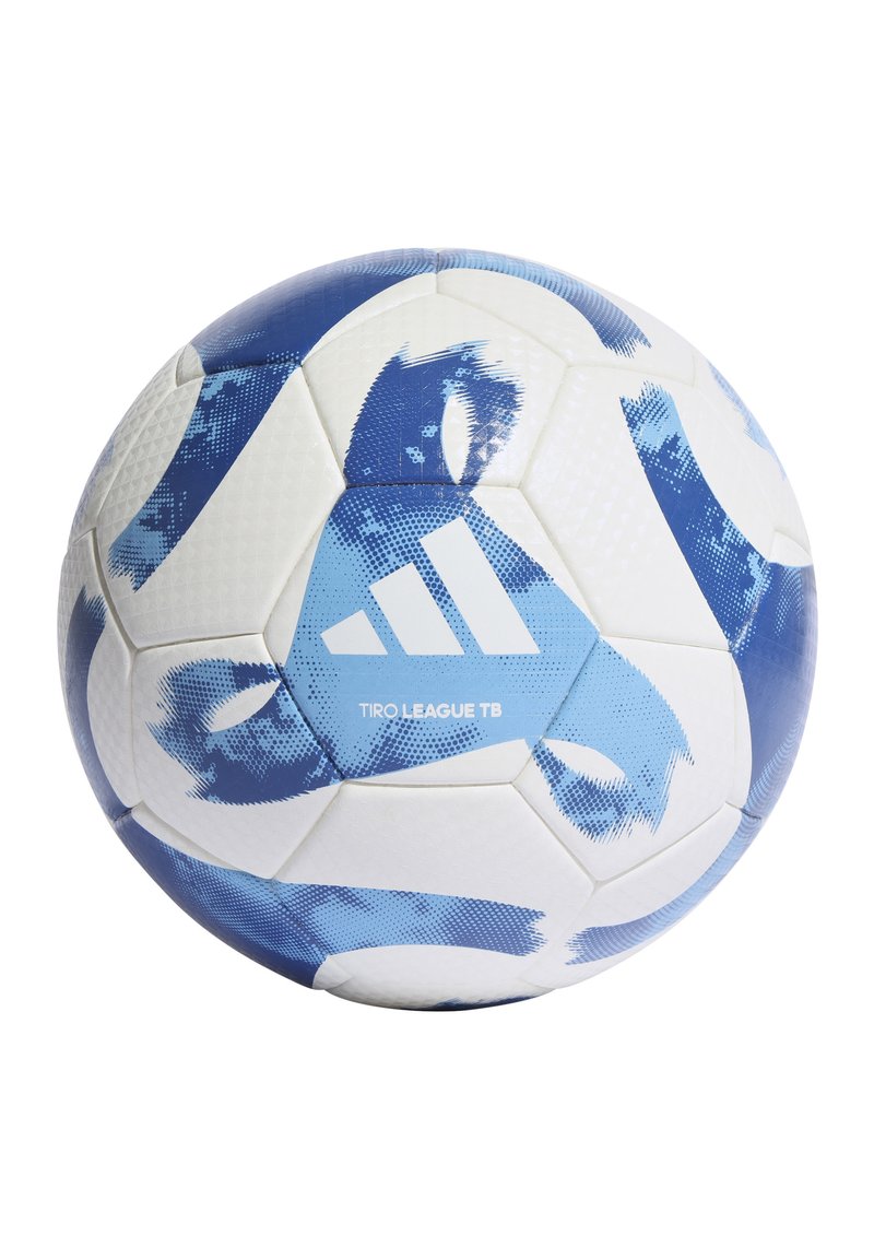 Adidas Tiro League TB voetbal, wit met blauwe abstracte patronen, hexagonale panelen, een gestructureerd oppervlak en een centrale logodetail.