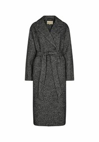 Szary wełniany płaszcz w jodełkę z paskiem, klapami typu notch, podwójnym zapięciem i długimi rękawami.
