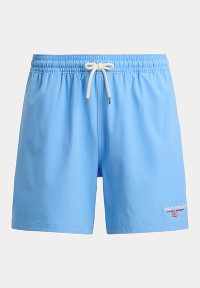Ανοιχτά μπλε αντρικό μαγιό με ελαστική μέση, λευκό κορδόνι και μικρό λογότυπο "Polo Sport Ralph Lauren" με αμερικανική σημαία στο πόδι.