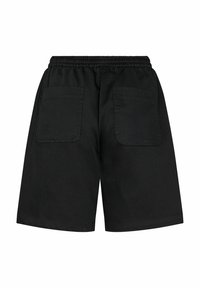 Svarta bomullsshorts med elastiskt midjeband, med två bakfickor och rak passform. Inga synliga mönster eller detaljer.